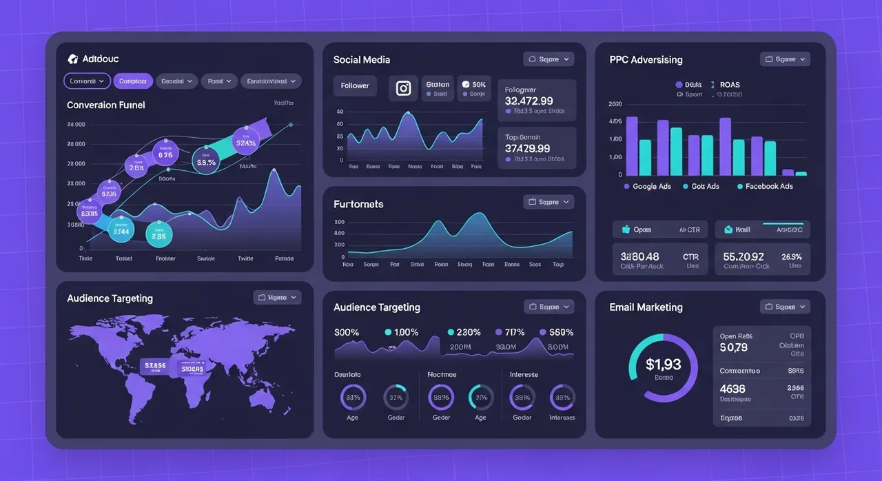 Dashboard di digital marketing con analytics social media e campagne PPC | SeoSoft