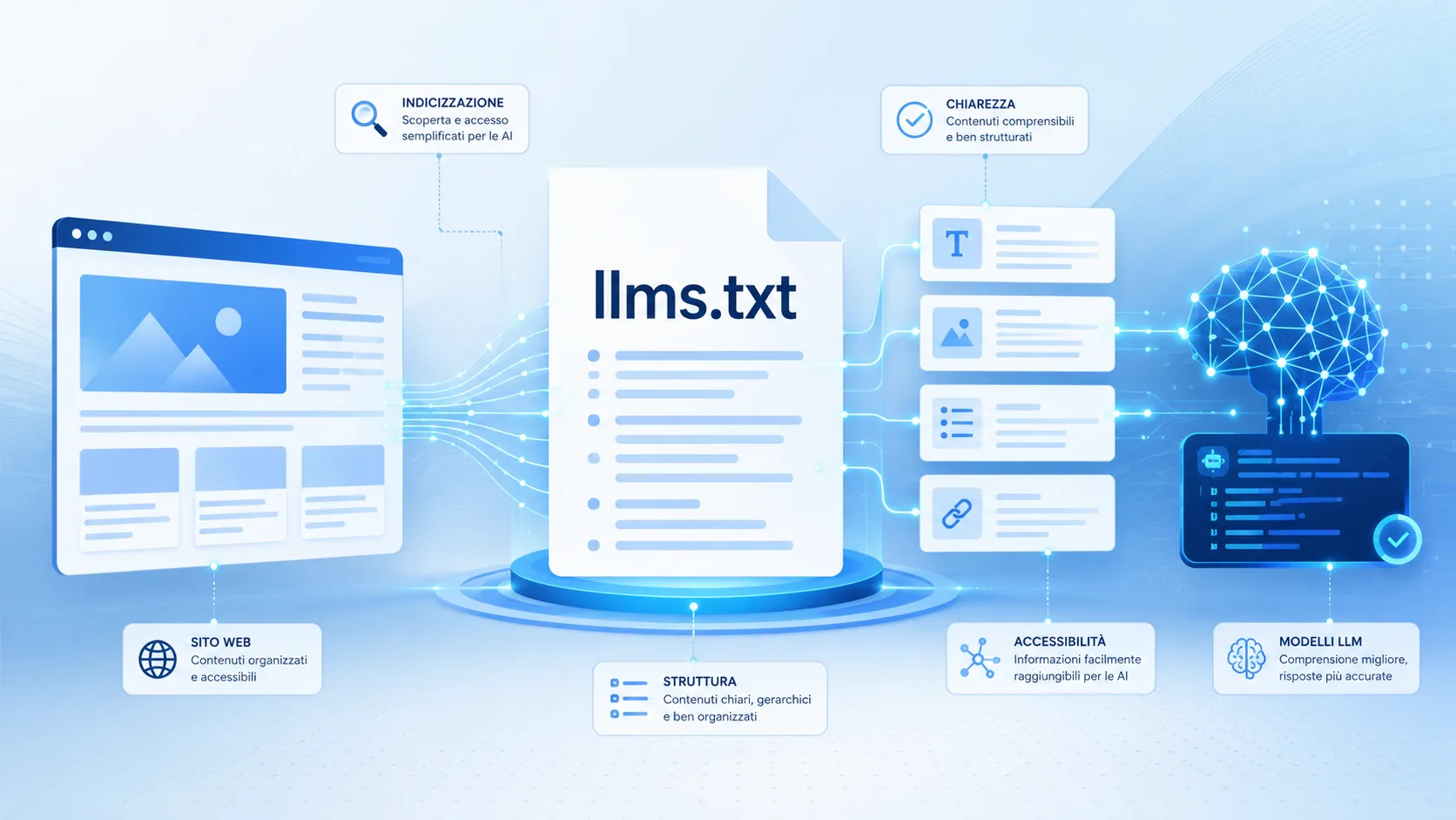 Schema che illustra il funzionamento del file llms.txt per l'ottimizzazione dei siti web verso i modelli di linguaggio AI